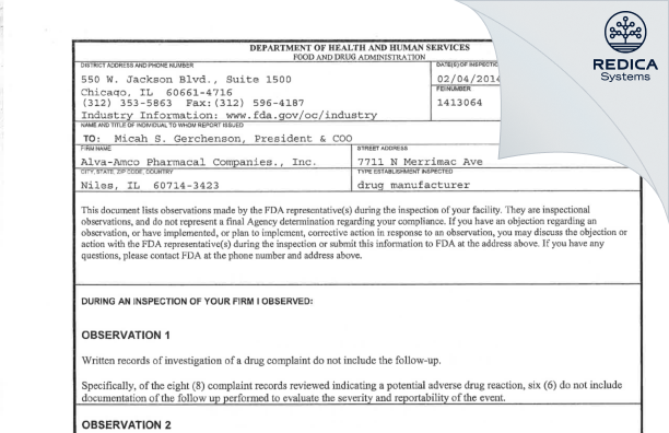 FDA 483 - Alva-Amco Pharmacal Companies, LLC [Niles / United States of America] - Download PDF - Redica Systems