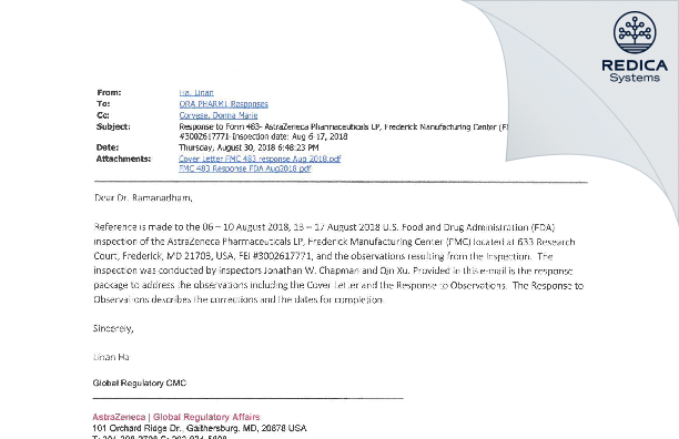 FDA 483 Response - AstraZeneca Pharmaceuticals LP [Frederick / United States of America] - Download PDF - Redica Systems