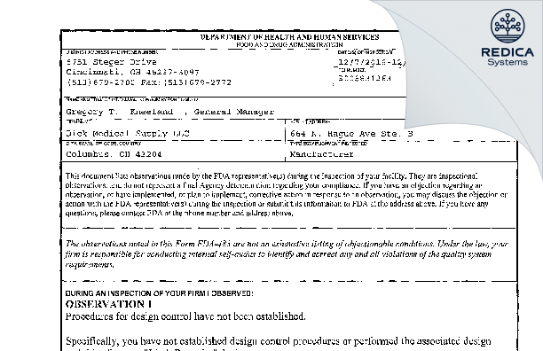 FDA 483 - Dick Medical Supply LLC [Columbus / United States of America] - Download PDF - Redica Systems