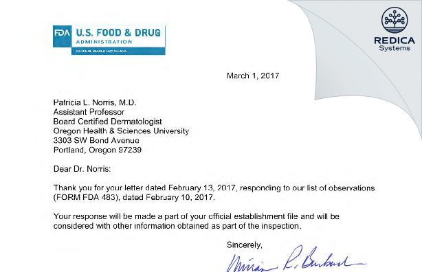 FDA 483 Response - Patricia L. Norris, MD [Portland / United States of America] - Download PDF - Redica Systems