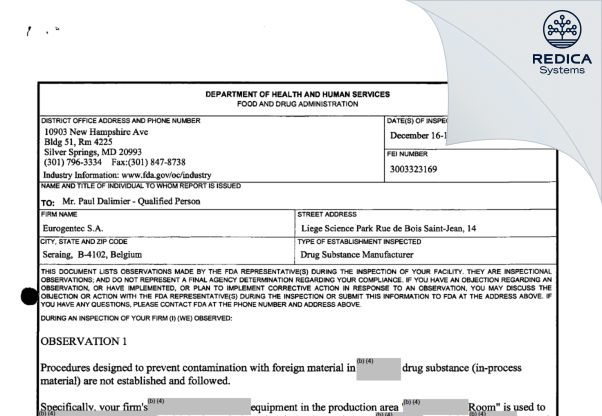 FDA 483 - Kaneka Eurogentec SA [Seraing / Belgium] - Download PDF - Redica Systems