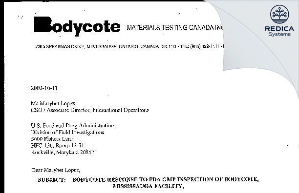 FDA 483 Response - Element Materials Technology Canada Inc. [Mississauga / Canada] - Download PDF - Redica Systems