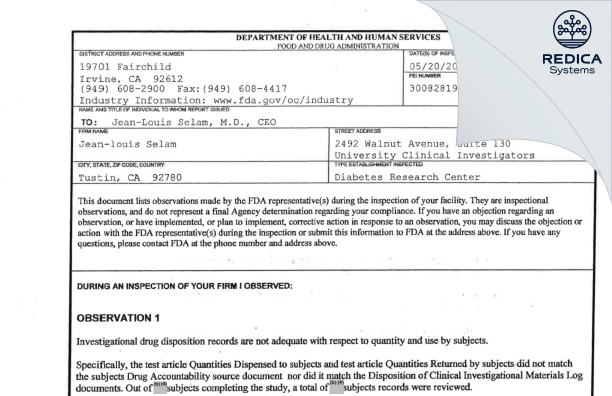 FDA 483 - Jean-louis Selam [Tustin / United States of America] - Download PDF - Redica Systems