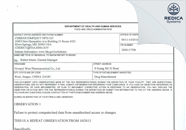 FDA 483 - Novacyl (Wuxi) Pharmaceutical Co., Ltd. [Wuxi / China] - Download PDF - Redica Systems