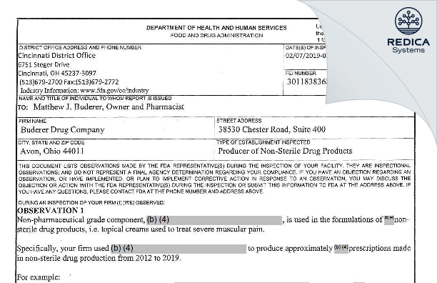 FDA 483 - Buderer Drug Company [Avon / United States of America] - Download PDF - Redica Systems