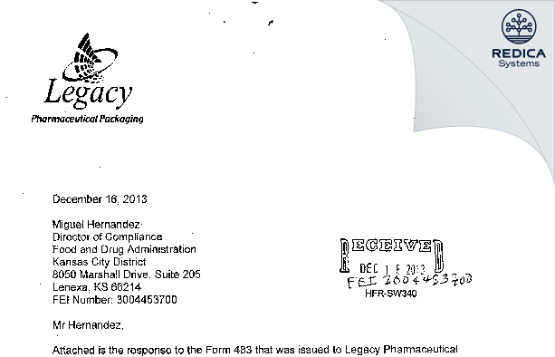 FDA 483 Response - Legacy Pharmaceutical Packaging, LLC [Earth City / United States of America] - Download PDF - Redica Systems