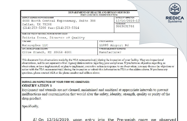 FDA 483 - Natureplex, LLC [Olive Branch / United States of America] - Download PDF - Redica Systems