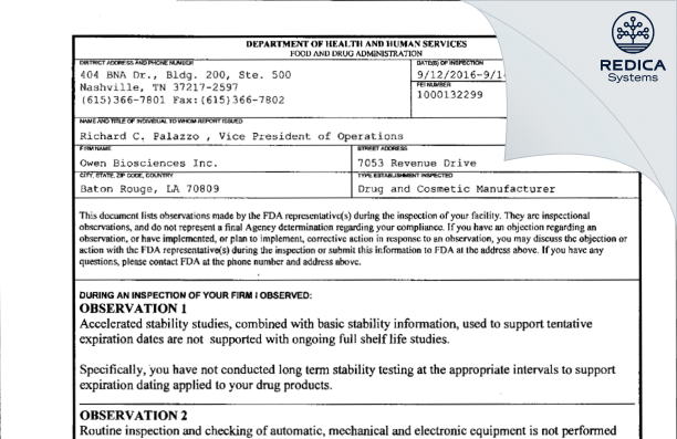FDA 483 - Owen Biosciences Inc [Baton Rouge / United States of America] - Download PDF - Redica Systems