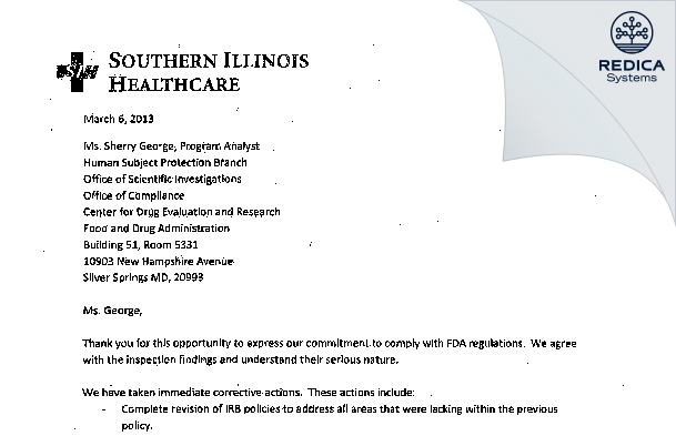 FDA 483 Response - Southern IL Hosp. Services dba Memorial Hosp. Carbondale IRB [Carbondale / United States of America] - Download PDF - Redica Systems