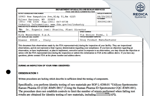 FDA 483 - ALFASIGMA SPA [Italy / Italy] - Download PDF - Redica Systems