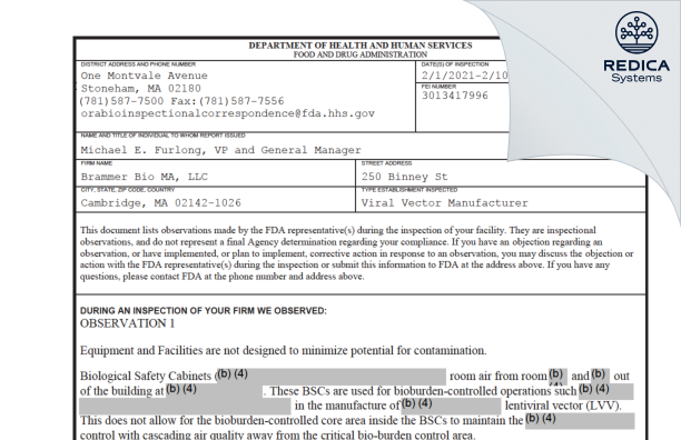 FDA 483 - Brammer Bio MA, LLC [Cambridge / United States of America] - Download PDF - Redica Systems