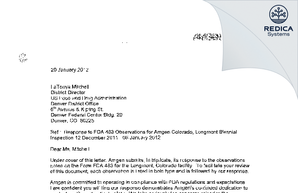 FDA 483 Response - Amgen, Incorporated [Longmont / United States of America] - Download PDF - Redica Systems