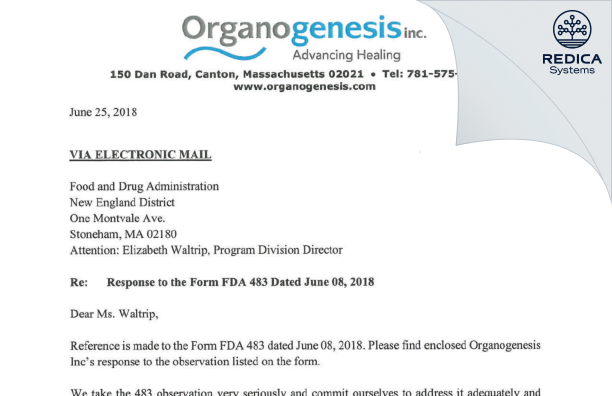 FDA 483 Response - Organogenesis, Inc. [Canton / United States of America] - Download PDF - Redica Systems