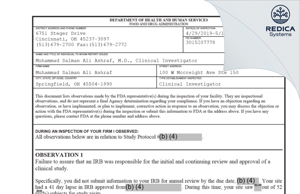 FDA 483 - Muhammad Salman Ali Ashraf [Springfield / United States of America] - Download PDF - Redica Systems