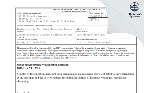 FDA 483 - Albert Einstein College of Medicine Inc. IRB #1 [Bronx / United States of America] - Download PDF - Redica Systems