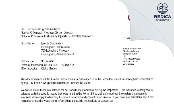 FDA 483 Response - Evonik Corporation [Birmingham / United States of America] - Download PDF - Redica Systems