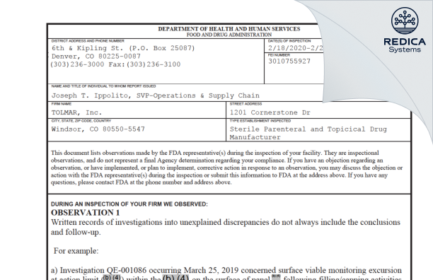 FDA 483 - TOLMAR 1201 Cornerstone LLC [Windsor / United States of America] - Download PDF - Redica Systems