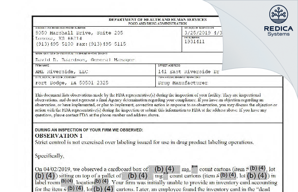 FDA 483 - AML Riverside, Llc [Fort Dodge / United States of America] - Download PDF - Redica Systems