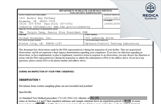 FDA 483 - ASEGUA THERAPEUTICS LLC [Foster City / United States of America] - Download PDF - Redica Systems
