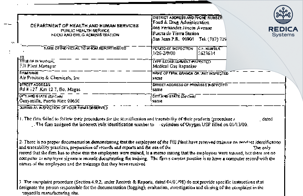 FDA 483 - Messer Gas Puerto Rico Inc [Rico / United States of America] - Download PDF - Redica Systems