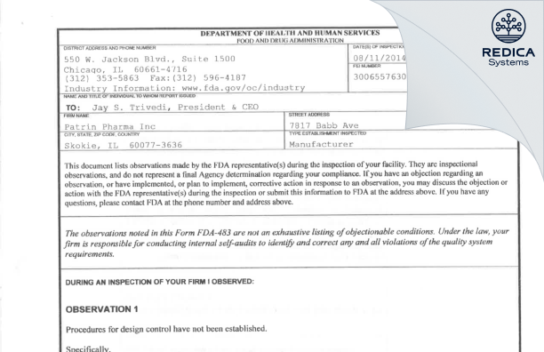 FDA 483 - Patrin Pharma, Inc [Niles / United States of America] - Download PDF - Redica Systems