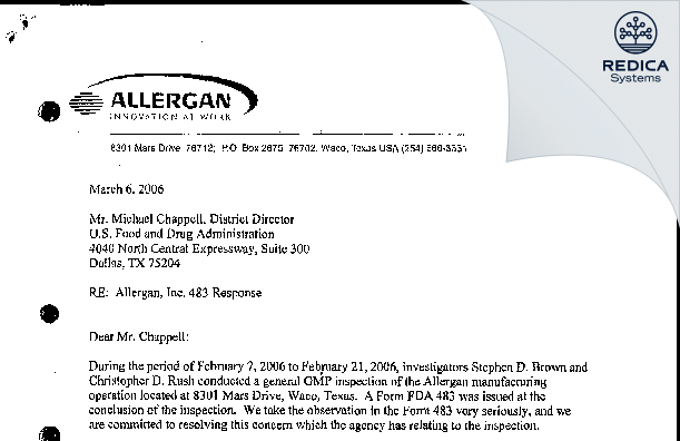 FDA 483 Response - Allergan Sales, LLC [Waco / United States of America] - Download PDF - Redica Systems