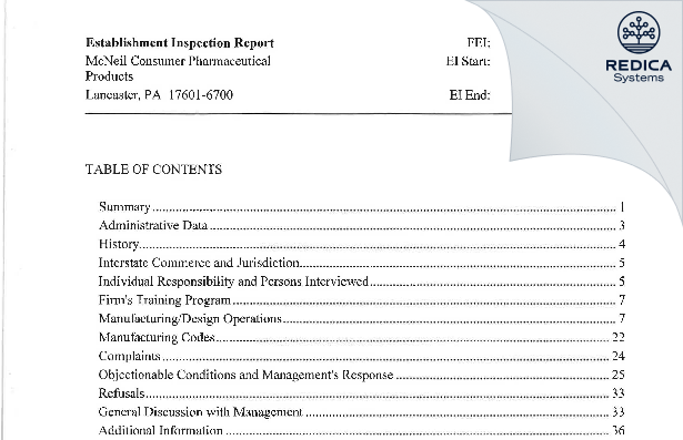 EIR - Johnson & Johnson Consumer, Inc [Lancaster / United States of America] - Download PDF - Redica Systems