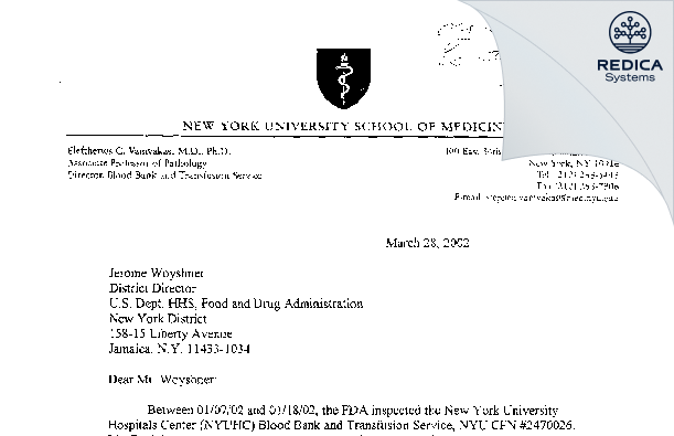FDA 483 Response - NYU Hospitals Center [New York / United States of America] - Download PDF - Redica Systems