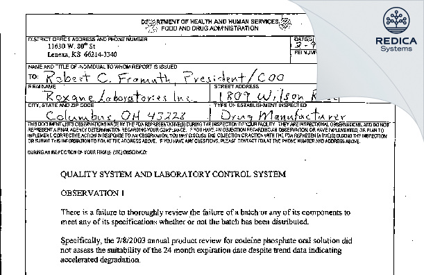 FDA 483 - Boehringer Ingelheim Roxane Inc [Columbus / United States of America] - Download PDF - Redica Systems