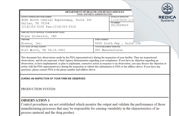 FDA 483 - Eosera Inc [Fort Worth / United States of America] - Download PDF - Redica Systems