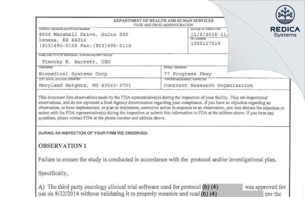 FDA 483 - Biomedical Systems Corp [Maryland Heights / United States of America] - Download PDF - Redica Systems