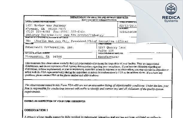 FDA 483 - Somersault Orthopedics, Inc. [Pleasanton / United States of America] - Download PDF - Redica Systems