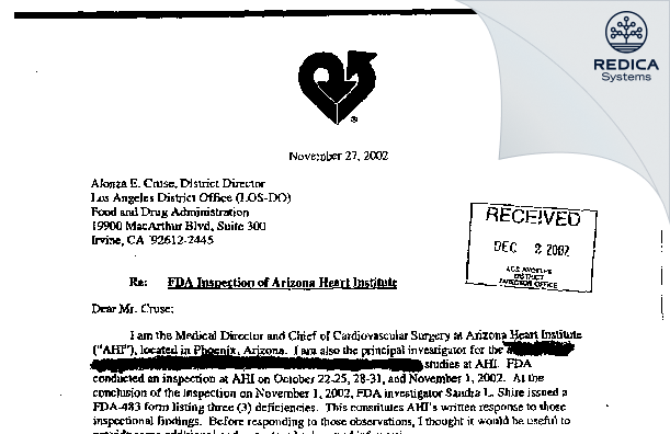FDA 483 Response - Diethrich, Edward MD [Phoenix / United States of America] - Download PDF - Redica Systems