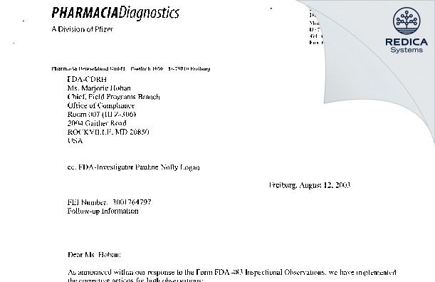 FDA 483 Response - Pharmacia Diagnostics Gmbh & Co. [Frelburg / Germany] - Download PDF - Redica Systems