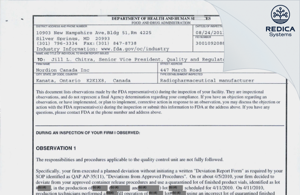 FDA 483 - BWXT Medical Ltd. [Ottawa / Canada] - Download PDF - Redica Systems