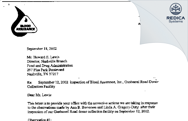 FDA 483 Response - Blood Assurance Inc. [Chattanooga / United States of America] - Download PDF - Redica Systems