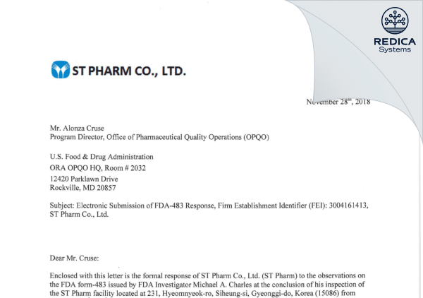 FDA 483 Response - ST Pharm Co., Ltd. [- / Korea (Republic of)] - Download PDF - Redica Systems