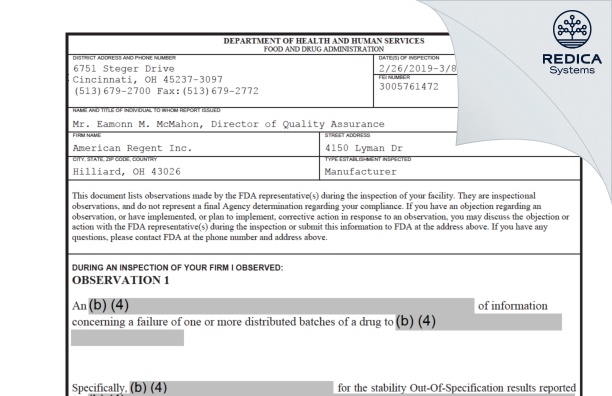 FDA 483 - American Regent, Inc. [Hilliard Ohio / United States of America] - Download PDF - Redica Systems