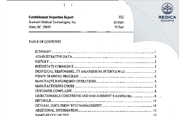 EIR - Rockwell Medical Technologies, Inc. [Greer / United States of America] - Download PDF - Redica Systems