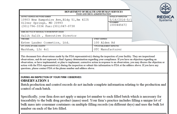FDA 483 - Estee Lauder Cosmetics, Ltd. [Markham / Canada] - Download PDF - Redica Systems
