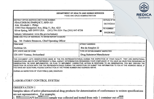 FDA 483 - Bachem SA, succursale de Vionnaz [Vionnaz / Switzerland] - Download PDF - Redica Systems