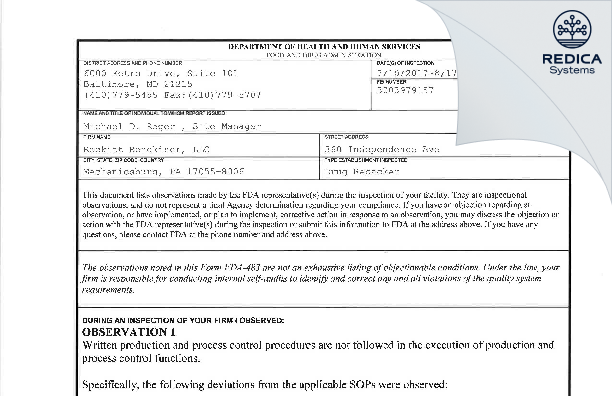 FDA 483 - Reckitt Benckiser LLC [Mechanicsburg Pennsylvania / United States of America] - Download PDF - Redica Systems