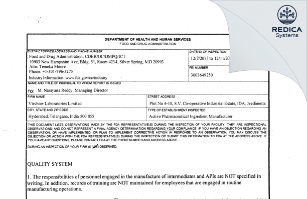 FDA 483 - Virchow Laboratories Limited [India / India] - Download PDF - Redica Systems