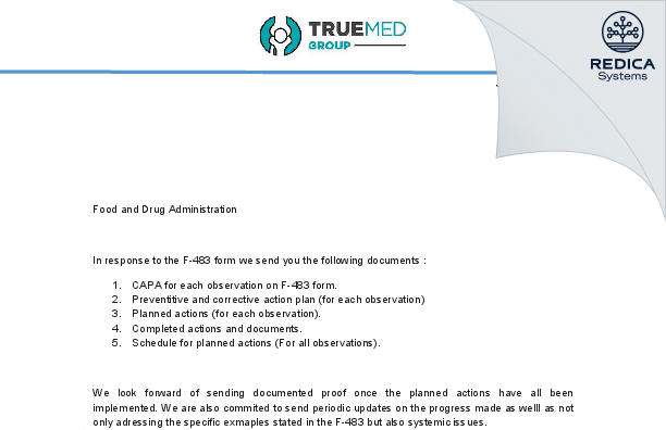 FDA 483 Response - Truemed Group LLC [The Woodlands Texas / United States of America] - Download PDF - Redica Systems