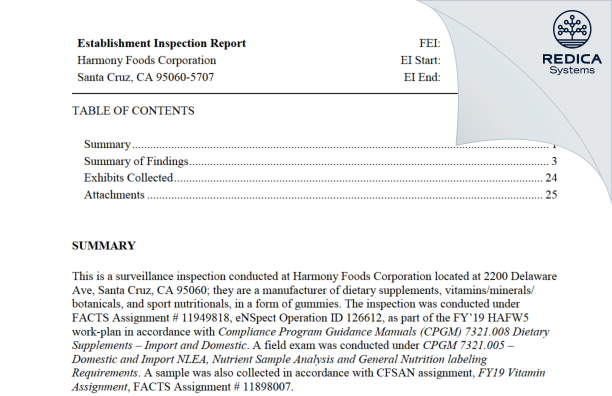 EIR - Harmony Foods Corporation [Santa Cruz / United States of America] - Download PDF - Redica Systems
