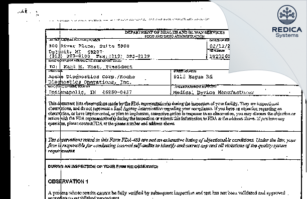 FDA 483 - Roche Diagnostics Operations, Inc. [Indianapolis / United States of America] - Download PDF - Redica Systems