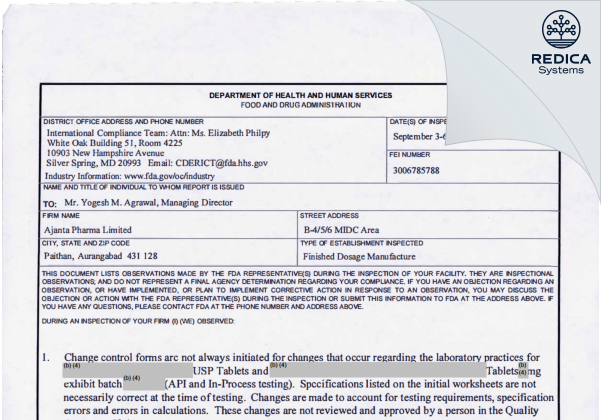 FDA 483 - Ajanta Pharma Limited [India / India] - Download PDF - Redica Systems