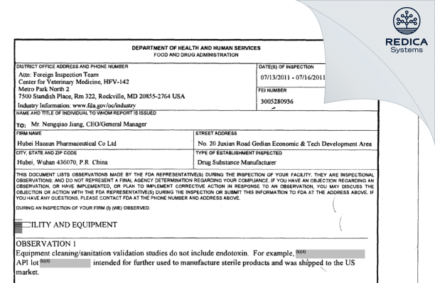 FDA 483 - Hubei Haosun Pharmaceuticals Co Ltd [Gedian / China] - Download PDF - Redica Systems