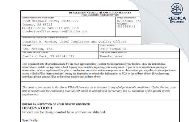 FDA 483 - DARI Motion, Inc. [Overland Park / United States of America] - Download PDF - Redica Systems