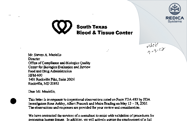 FDA 483 Response - South Texas Blood & Tissue Center [San Antonio / United States of America] - Download PDF - Redica Systems